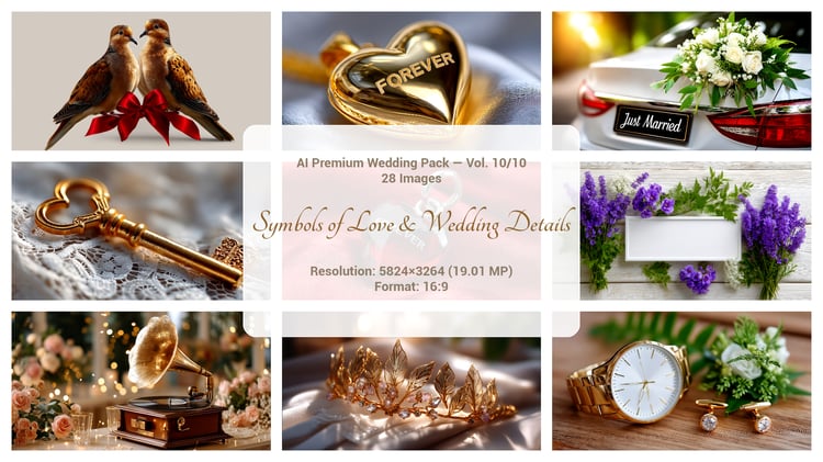 A premium AI-generated collection of 28 high-quality images featuring symbolic and elegant wedding elements