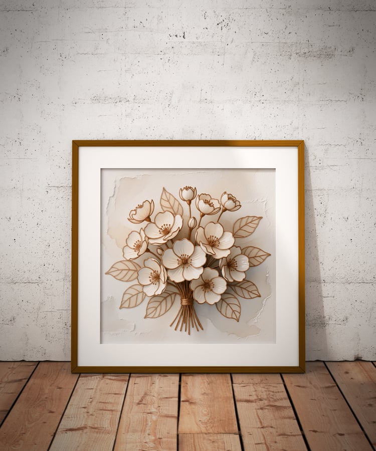Bring the quiet peace of nature into your space with this modern printable wall art. This cream and copper bouquet design is set upon a cracked plaster affect background.