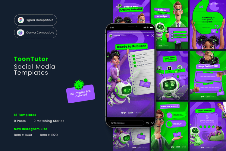 ToonTutor Social Media Kit preview featuring 18 vibrant educational templates for Instagram. The design showcases high-quality 3D Pixar-style characters including a teacher, student, and robot bee in purple and green layouts. Fully editable in Canva and F