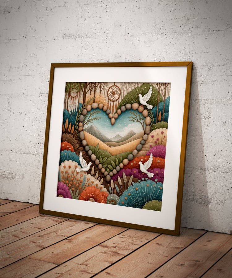 Rustic Charm Heart-Shaped Mountain and Floral Art