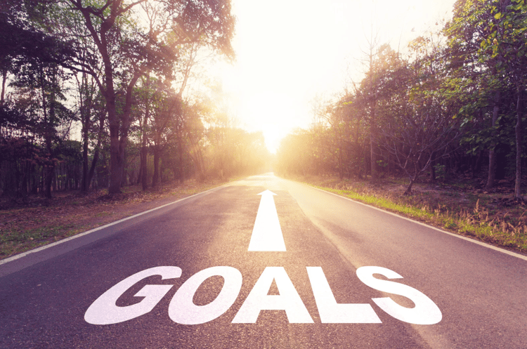 A road facing forward with the word GOALS on it.