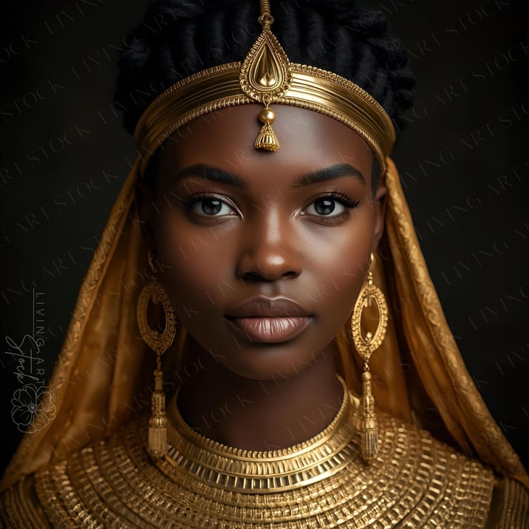 An intensely focused, ultra-high-resolution portrait of a beautiful Black woman styled as an ancient African Queen, Goddess, or Empress. Her expression is serene yet commanding, with a captivating, warm gaze. She has deep, flawless skin and wears an excep