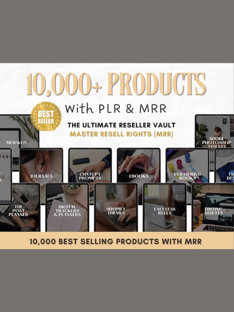 Ultimate PLR and MRR digital profit vault bundle featuring 16,000 ChatGPT prompts, 1,200 faceless aesthetic videos, 2,000 T-shirt designs, 1,000 PLR eBooks, stock images, templates, and resell rights — instant download digital business toolkit for creator