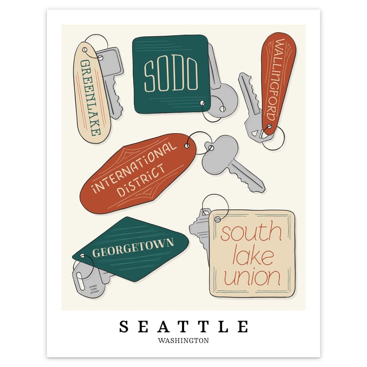 Seattle neighborhoods depicted in playful, hand-lettered key fobs with a warm, nostalgic feel