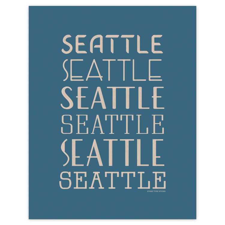 Type stack style Seattle art print with six expressive hand-lettered typography designs in blue and beige