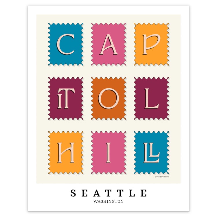 Colorful, hand-lettered Capitol Hill postage stamp art print with expressive typography
