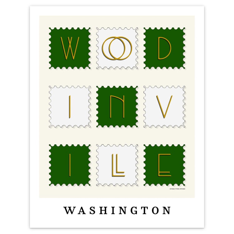 Hand-drawn Woodinville wall art in postage stamp style featuring unique art-deco lettering in green, white, and yellow tones