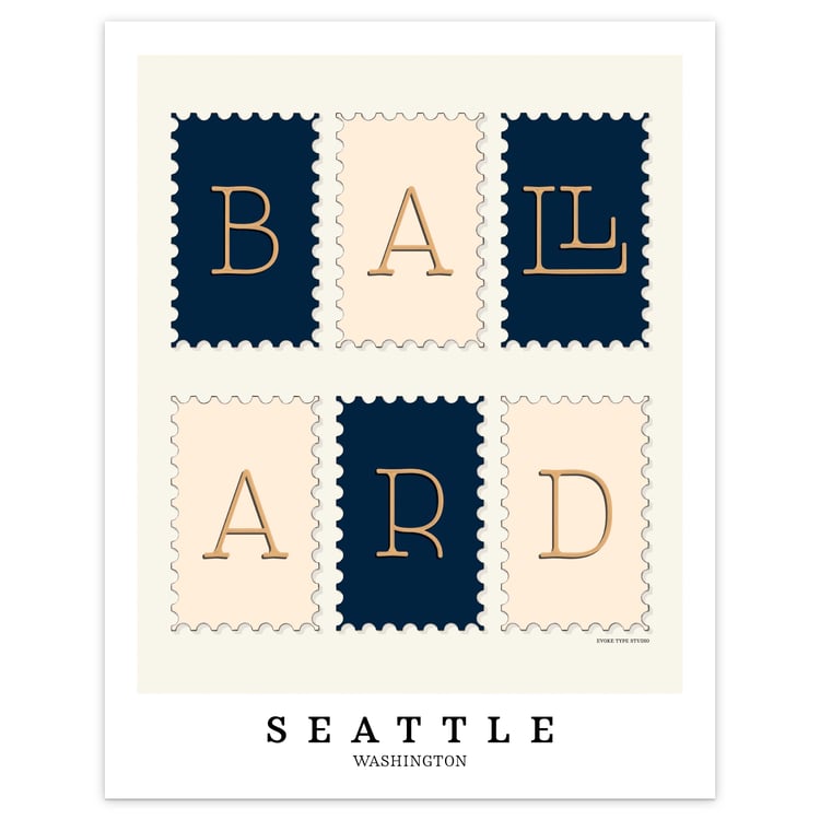 Hand-drawn Ballard wall art in postage stamp style featuring typewriter-inspired lettering in nautical colors