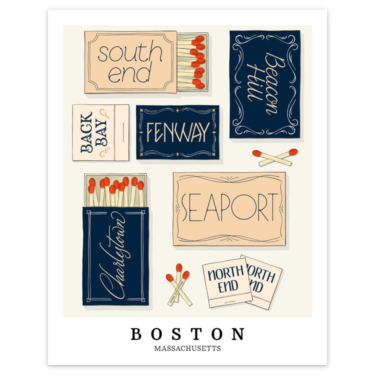 Nautical-inspired Boston art print with hand-lettered neighborhood matchboxes in navy blue and warm neutrals