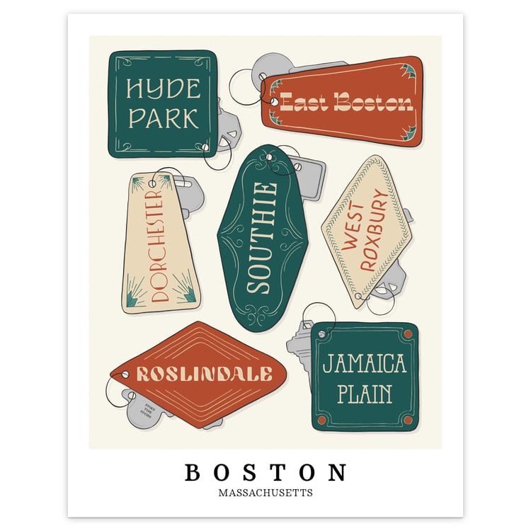 Hand-drawn neighborhood key fobs in a retro color palette on a Boston-themed wall art print.