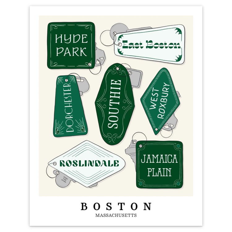 Boston art print with hand-lettered neighborhood key fobs in rich green tones.