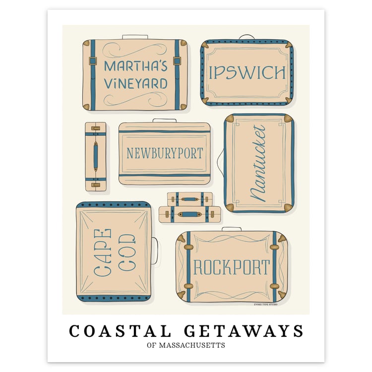 Coastal Massachusetts travel wall art with hand-drawn suitcase illustrations in soft neutral and blue hues.