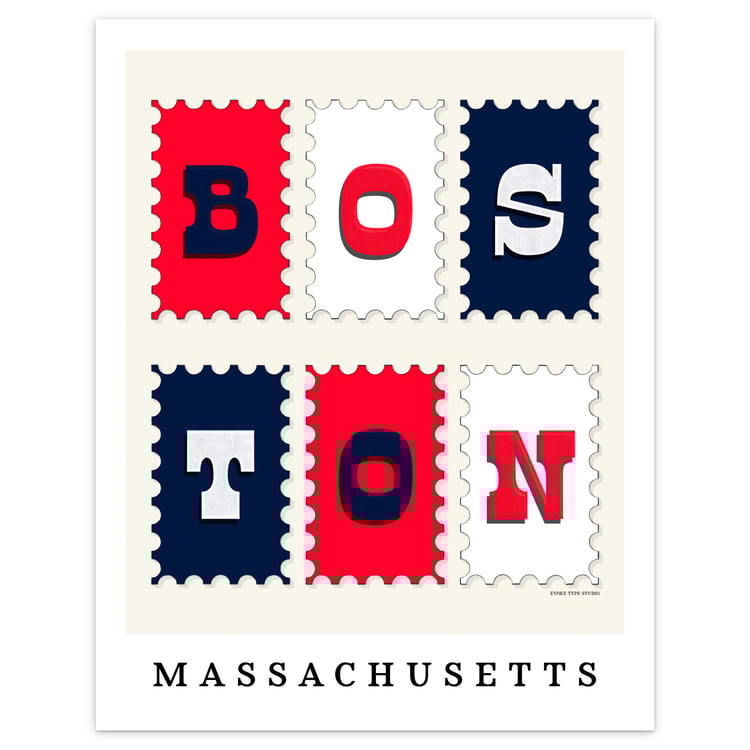 Boston city art print with expressive inverted lettering arranged in a postage stamp inspired layout.
