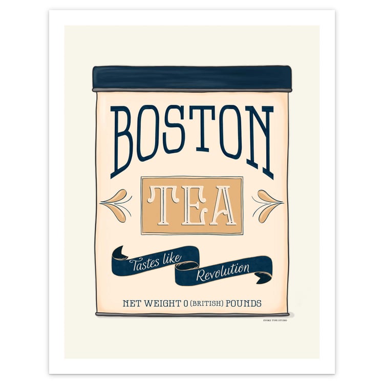 Illustrated Boston Tea Party–themed tea tin print reading ‘Tastes Like Revolution,’ styled in coastal navy and tan tones