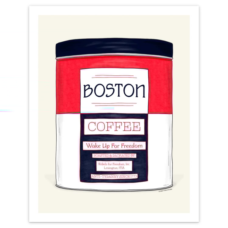 Hand-drawn Boston wall art featuring a vintage coffee tin design in the Patriotic color scheme.