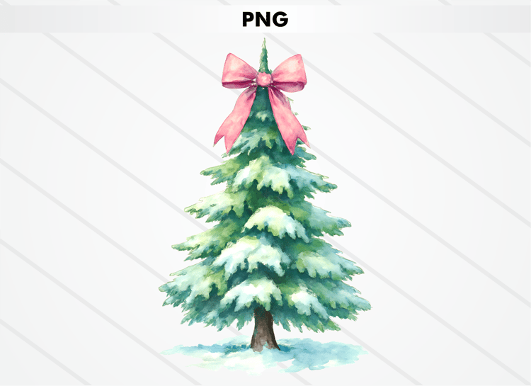 cute snowy watercolor christmas tree with pink ribbon bow soft pastel winter holiday aesthetic png digital sublimation design