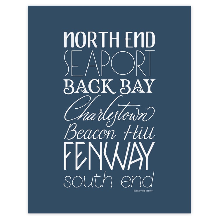 Boston Neighborhoods Type Stack print showcasing seven neighborhoods in expressive, hand-drawn typography.