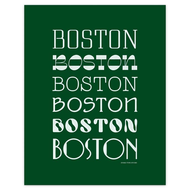 Boston city art print with expressive typography in a stacked arrangement, rendered in a color palette of green and white.