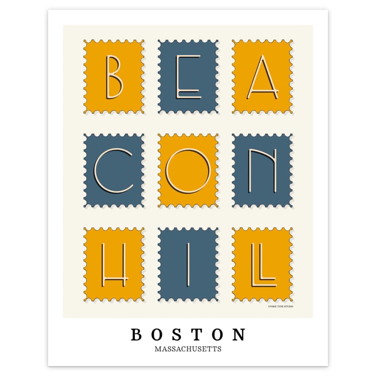 Beacon Hill neighborhood art print featuring art deco typography in a postage stamp–inspired layout.