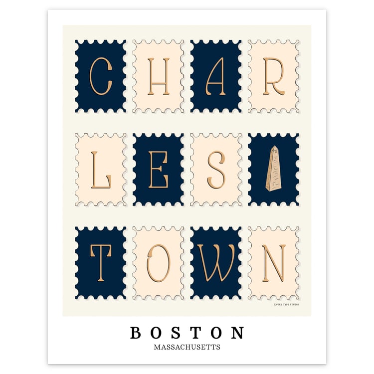Hand-drawn Charlestown wall art featuring postage stamp–style lettering and an illustration of the Bunker Hill Monument in Nautical colors.