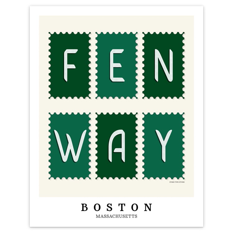 Boston wall art showcasing the Fenway neighborhood through hand-drawn typography in a green color palette.