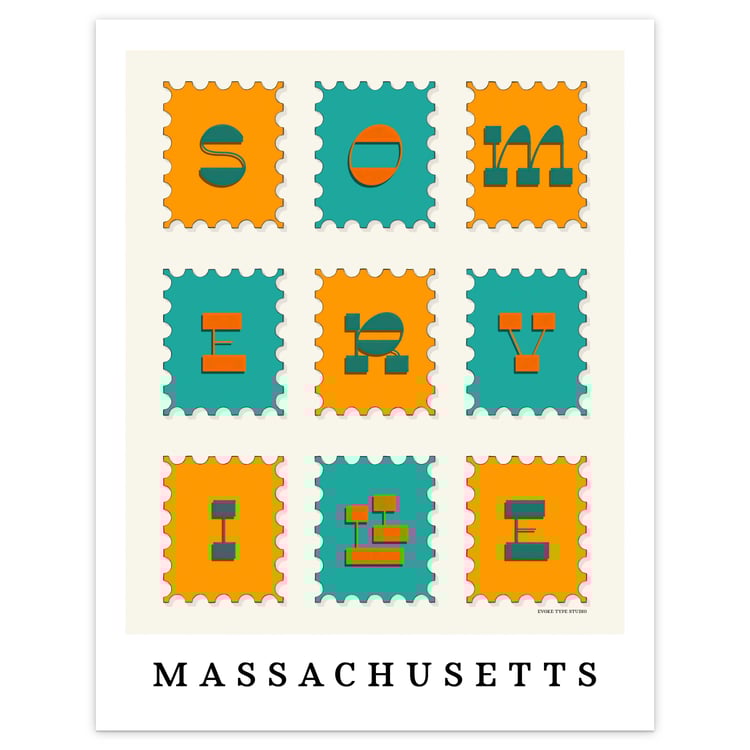 Hand-drawn Somerville wall art featuring a postage stamp–style design with funky inverted contrast lettering in bold blues and oranges.