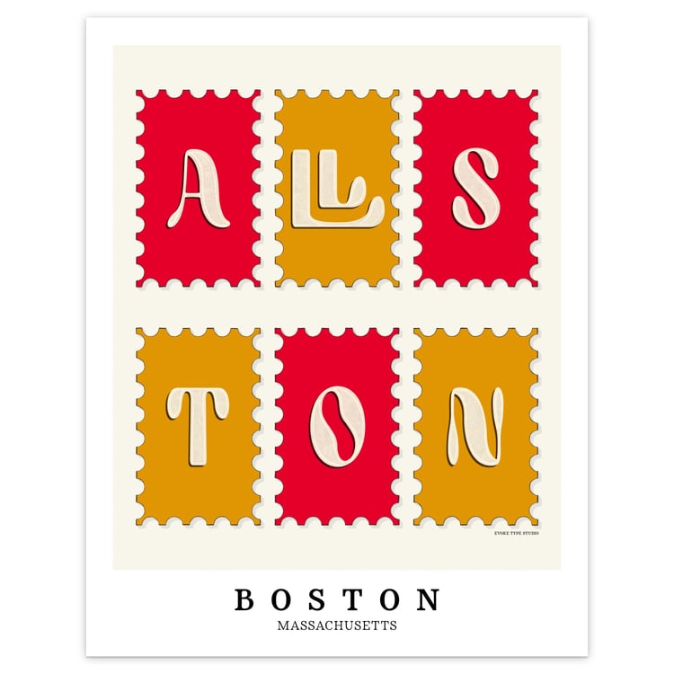 Allston neighborhood art print with distinctive, type-forward lettering arranged in a postage stamp layout.