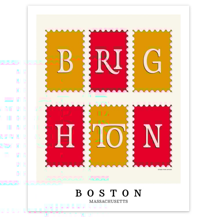 Brighton neighborhood art print with bold, type-forward lettering arranged in a postage stamp layout.