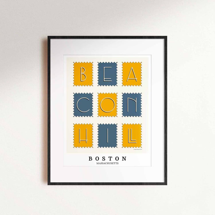 Boston wall art showing a Beacon Hill postage stamp collection design in warm yellow and deep blue tones.