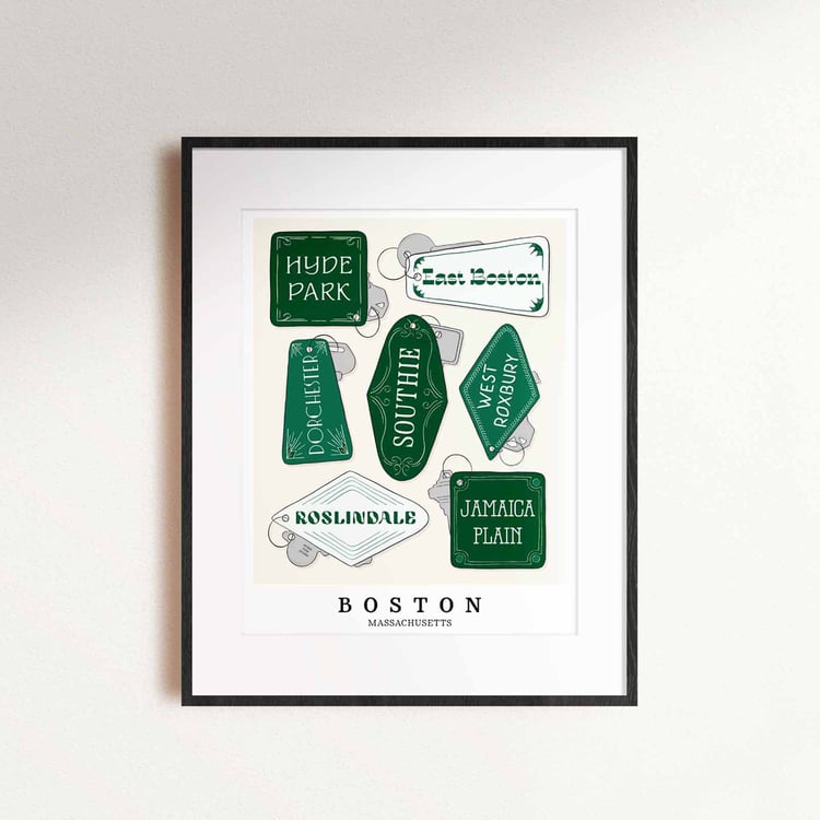 Illustrated Boston wall art featuring green key fobs labeled with neighborhood names.