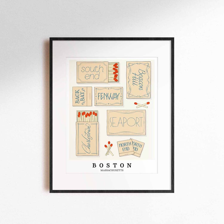 Coastal-inspired Boston art print with hand-lettered neighborhood matchboxes in beige and blue hues.
