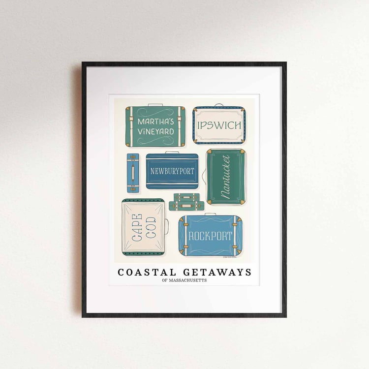 Massachusetts coastal wall art featuring illustrated suitcases representing seaside travel destinations.