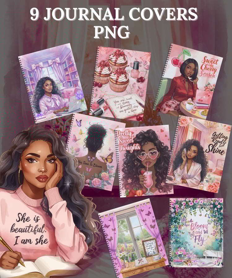 digital journal covers, black girl journal cover, aesthetic planner cover, GoodNotes covers, feminine planner bundle, printable notebook covers, self-care journal, soft life aesthetic, Payhip journal template, Canva cover templates, digital stationery bla