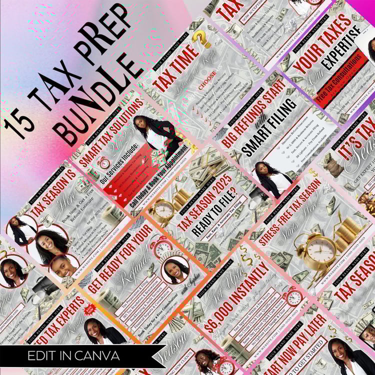 tax prep templates tax preparation flyer canva tax bundle tax business marketing financial flyer editable tax template tax checklist small business marketing tax season tools 15 page canva template