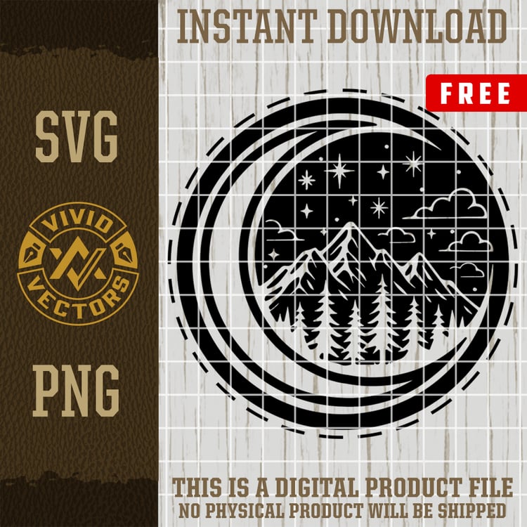 FREE Moon Mountain Scene SVG PNG mountain landscape night sky outdoor adventure camping nature clipart digital download