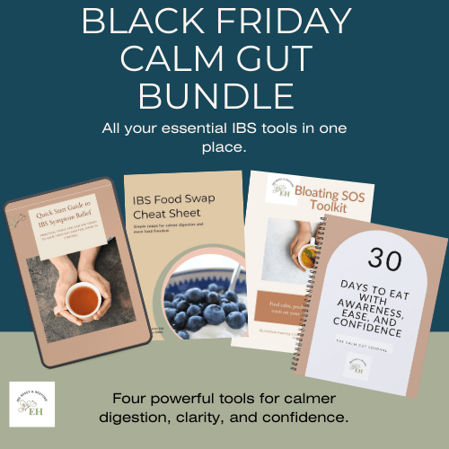 Black Friday Calm Gut Bundle featuring IBS symptom relief guides, bloating toolkit, low FODMAP food swap cheat sheet, and mindful eating journal