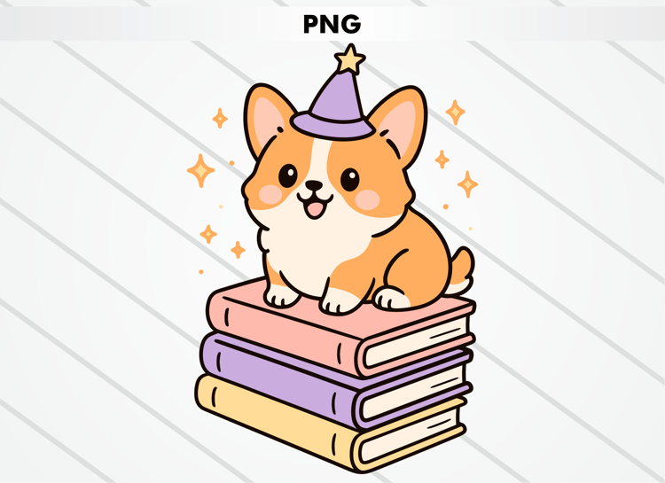 Cute cartoon corgi wearing a pastel purple wizard hat with a star on top, sitting on three colorful books with sparkles around it