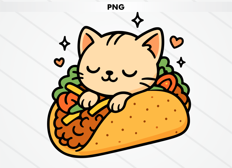 Adorable kitten resting inside a taco filled with vegetables and taco fillings, exuding a cute, relaxed vibe with hearts floating around.