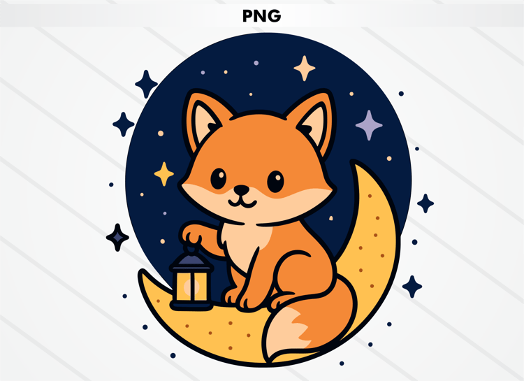 Adorable fox sitting on a crescent moon holding a lantern, surrounded by a starry night sky with sparkles and stars, giving off a magical, whimsical vibe