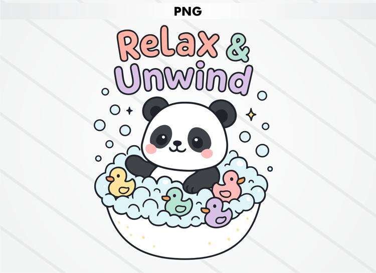 Cute kawaii panda relaxing in a bubble bath filled with pastel rubber ducks, surrounded by bubbles with the text “Relax & Unwind” above in soft pastel colors.