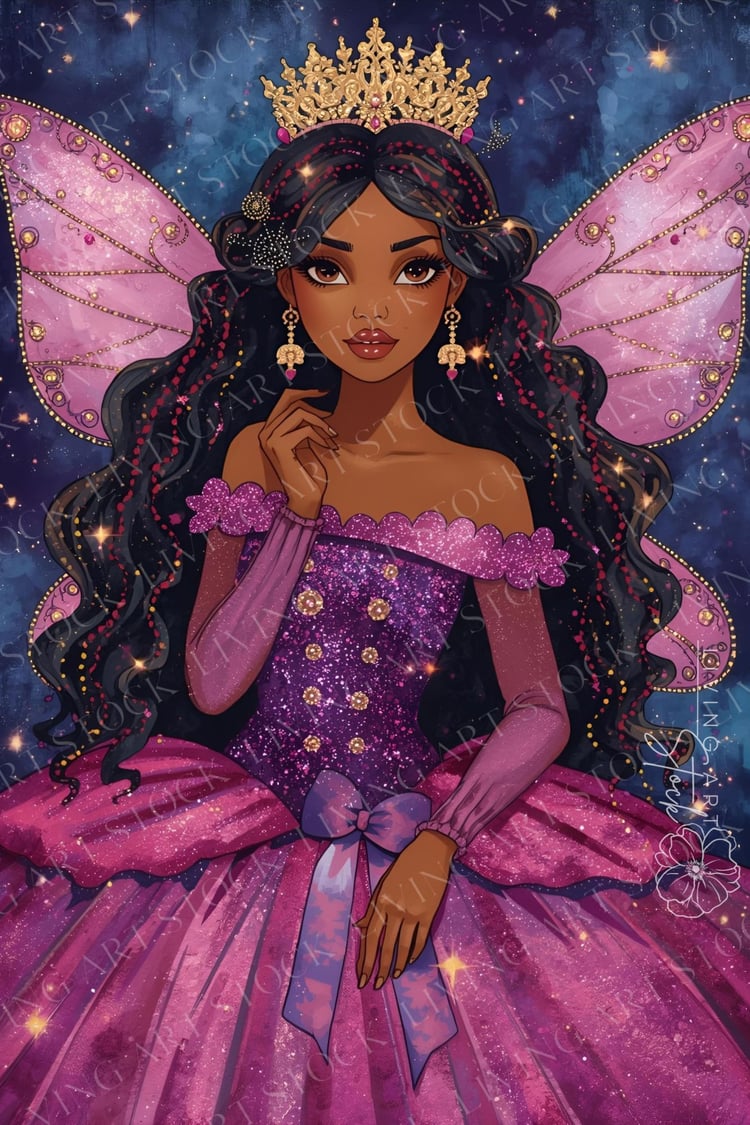 A vibrant, vertical illustration of a beautiful Black fairy princess with deep skin tone and long, dark, wavy hair adorned with sparkling beads and a gold crown. She is wearing an elaborate, off-the-shoulder gown in shades of hot pink and glittering purpl