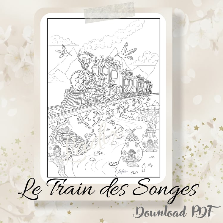 Le Train des Songes – Fantasy Adult Coloring Page PDF | Whimsical Printable Illustration for Relaxation