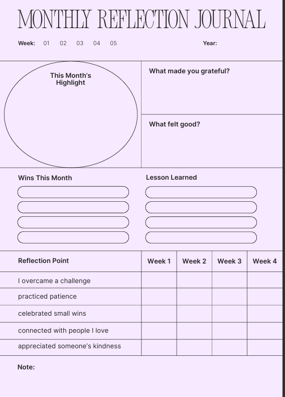 "Monthly reflection page with spaces for week numbers 01-05, year, a large image or visual area, and notes – clean purple black minimalist layout."