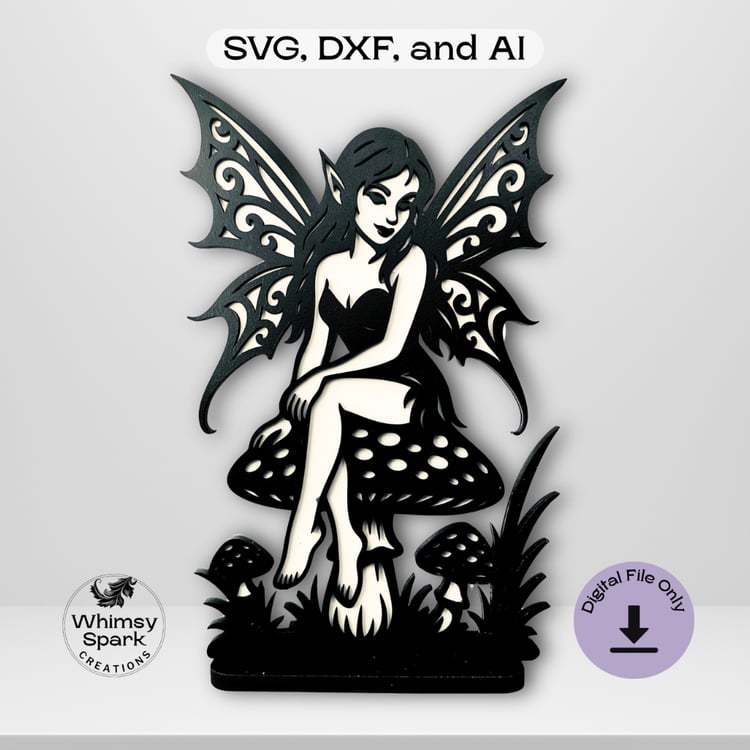 Black layered gothic fairy sitting on a mushroom, laser cut silhouette displayed on a clean white shelf. Digital SVG DXF AI file for laser cutting machines.