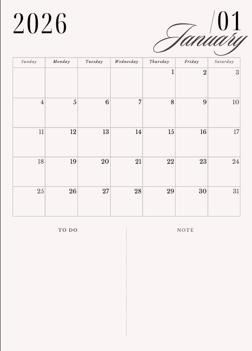 "January 2026 monthly spread from cream minimalist planner with calendar grid, to-do list, and notes section – clean and classic design."