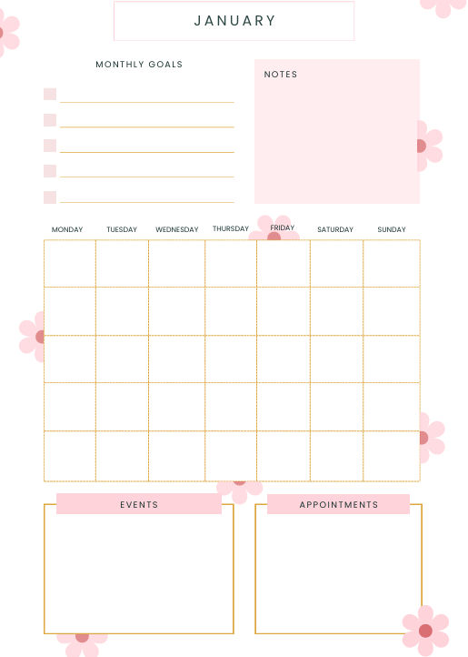 "Monthly goals page from pastel planner with soft colors and space for writing intentions and dreams."