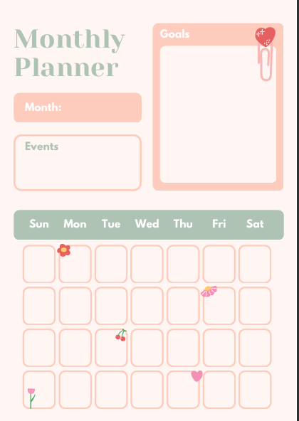 "Monthly planner page with space for month, events, and a simple layout – clean and minimalist for easy planning."