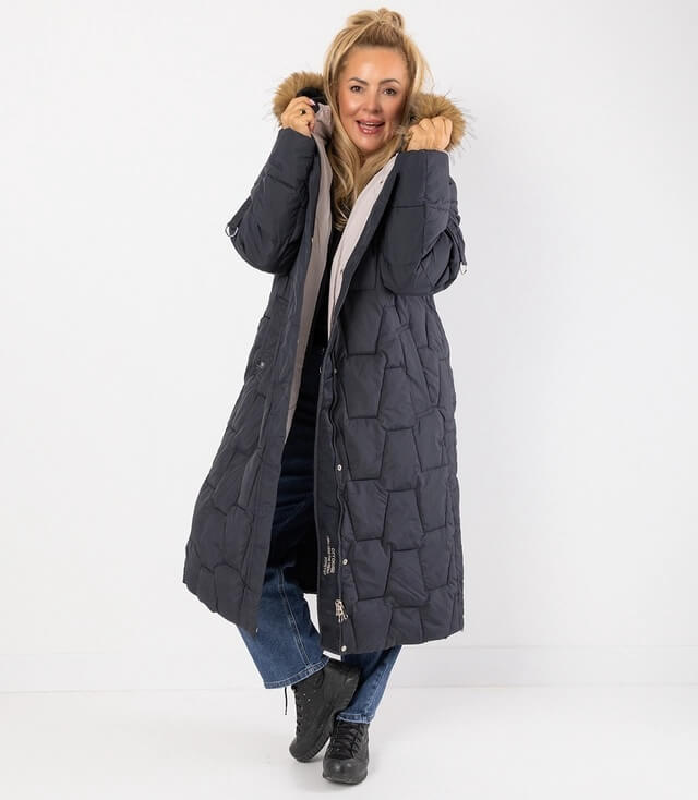 Dunkelblauer, taillierter Wintermantel mit Kapuze und stylischem Rauten Muster