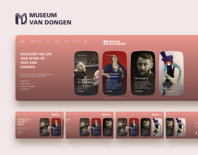 Promotional cover image for the Museum Van Dongen UI Kit. It showcases the main website header with the logo, navigation menu, and featured glassmorphism-style cards.