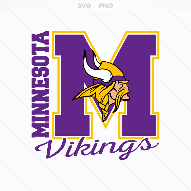 Minnesota Vikings logo with a large purple letter M, gold outline, Viking head, vertical Minnesota text, and Vikings script